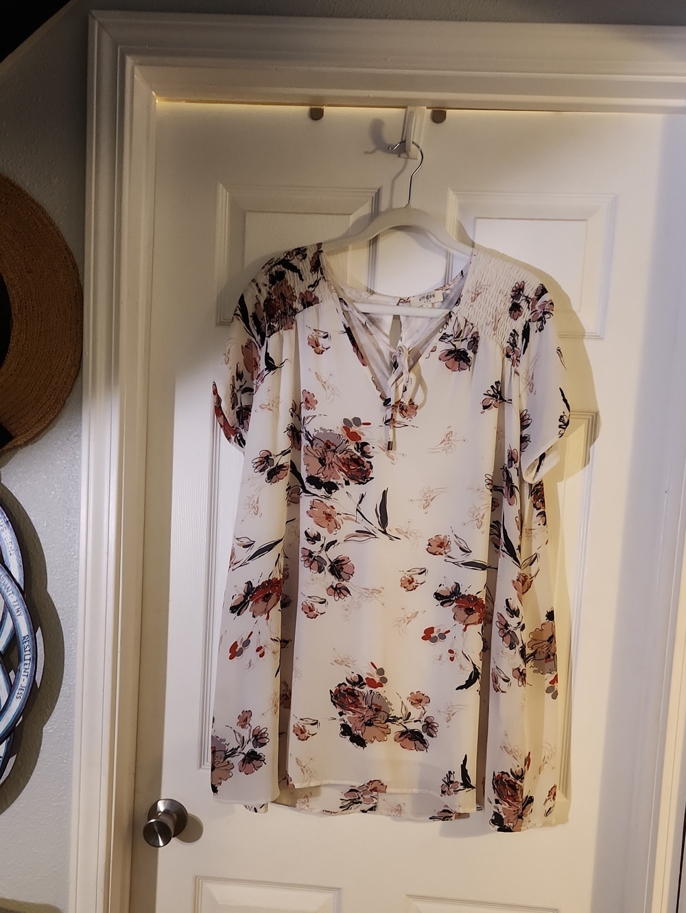 Umgee-Floral Tie-Neck Blouse - Cream with Pink/Brown Floral